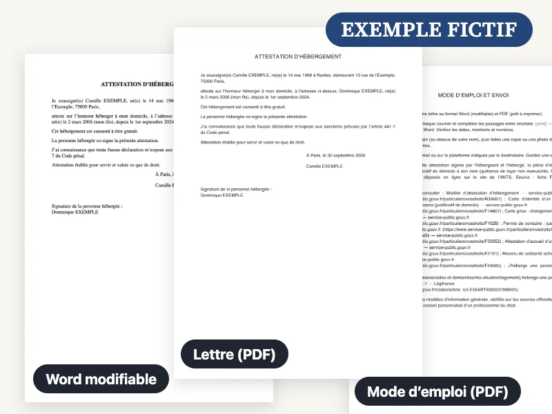 Aperçu du fichier Word, du PDF et du mode d’emploi livrés pour la attestation d’hébergement, remplis avec un exemple fictif