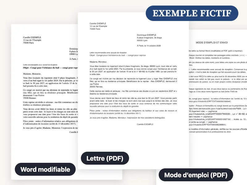 Aperçu du fichier Word, du PDF et du mode d’emploi livrés pour la lettre de congé du propriétaire, remplis avec un exemple fictif
