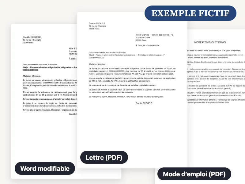 Aperçu du fichier Word, du PDF et du mode d’emploi livrés pour la lettre de contestation de FPS (RAPO), remplis avec un exemple fictif