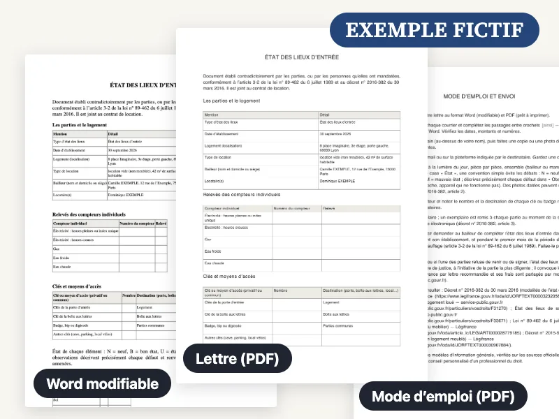 Aperçu du fichier Word, du PDF et du mode d’emploi livrés pour l’état des lieux d’entrée et de sortie, remplis avec un exemple fictif