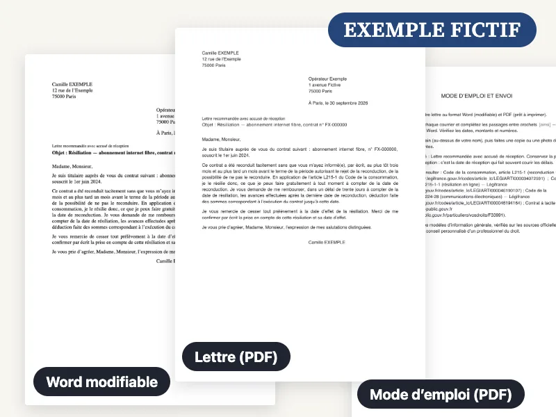 Aperçu du fichier Word, du PDF et du mode d’emploi livrés pour la lettre de résiliation, remplis avec un exemple fictif