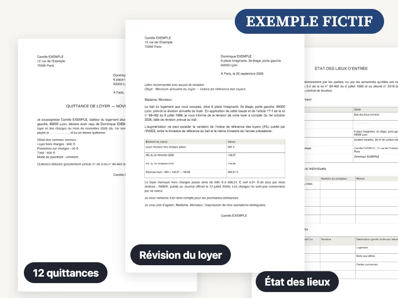 Capture de trois documents livrés dans le pack (quittance de loyer, lettre de révision du loyer, état des lieux d’entrée), remplis avec un exemple fictif