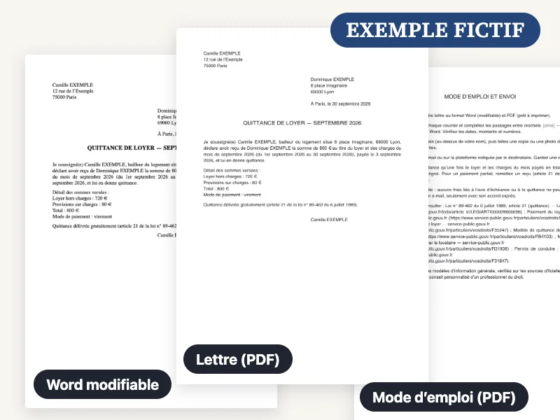 Aperçu du fichier Word, du PDF et du mode d’emploi livrés pour la quittance de loyer, remplis avec un exemple fictif