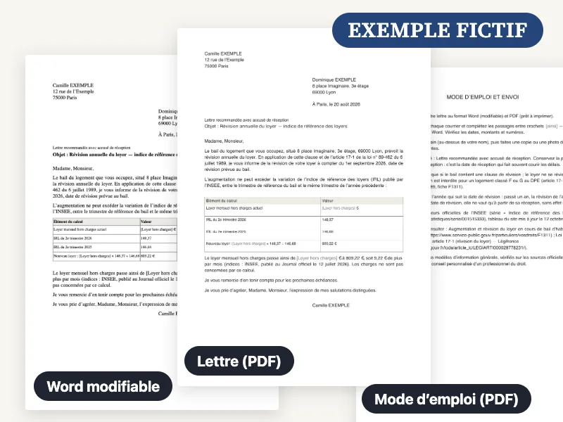 Aperçu du fichier Word, du PDF et du mode d’emploi livrés pour la lettre de révision du loyer, remplis avec un exemple fictif
