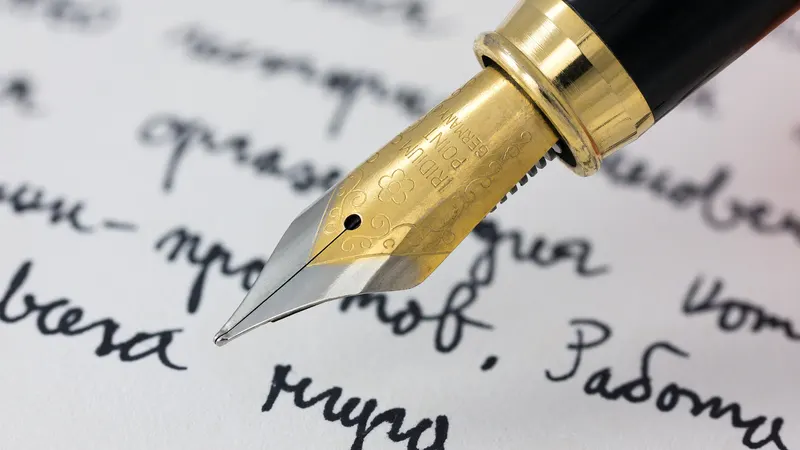 Stylo plume en train d’écrire un texte manuscrit à l’encre sur une feuille blanche